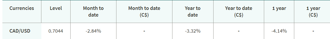 Table displaying currency performance metrics for CAD/USD, showing its level alongside Month-to-Date, Year-to-Date, and 1-Year percentage returns.